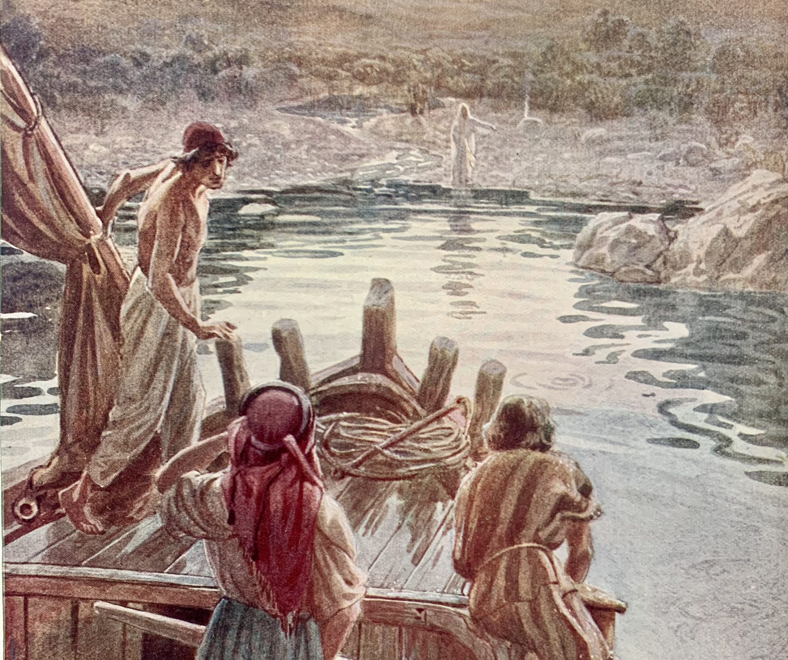 En illustration av Petrus och lärjungarna som möter Jesus vid Tiberias sjö